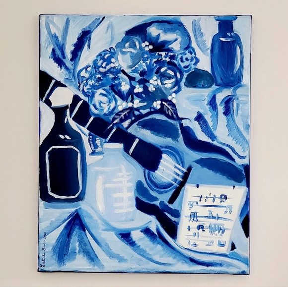 Other - "Blue Guitar" Contemporary Still Life Oil on Canvas Painting, Signed